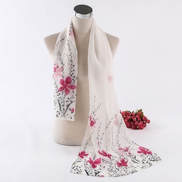 White Chiffon Pink Floral Wrap Scarf Shawl - Picture 2 of 6
